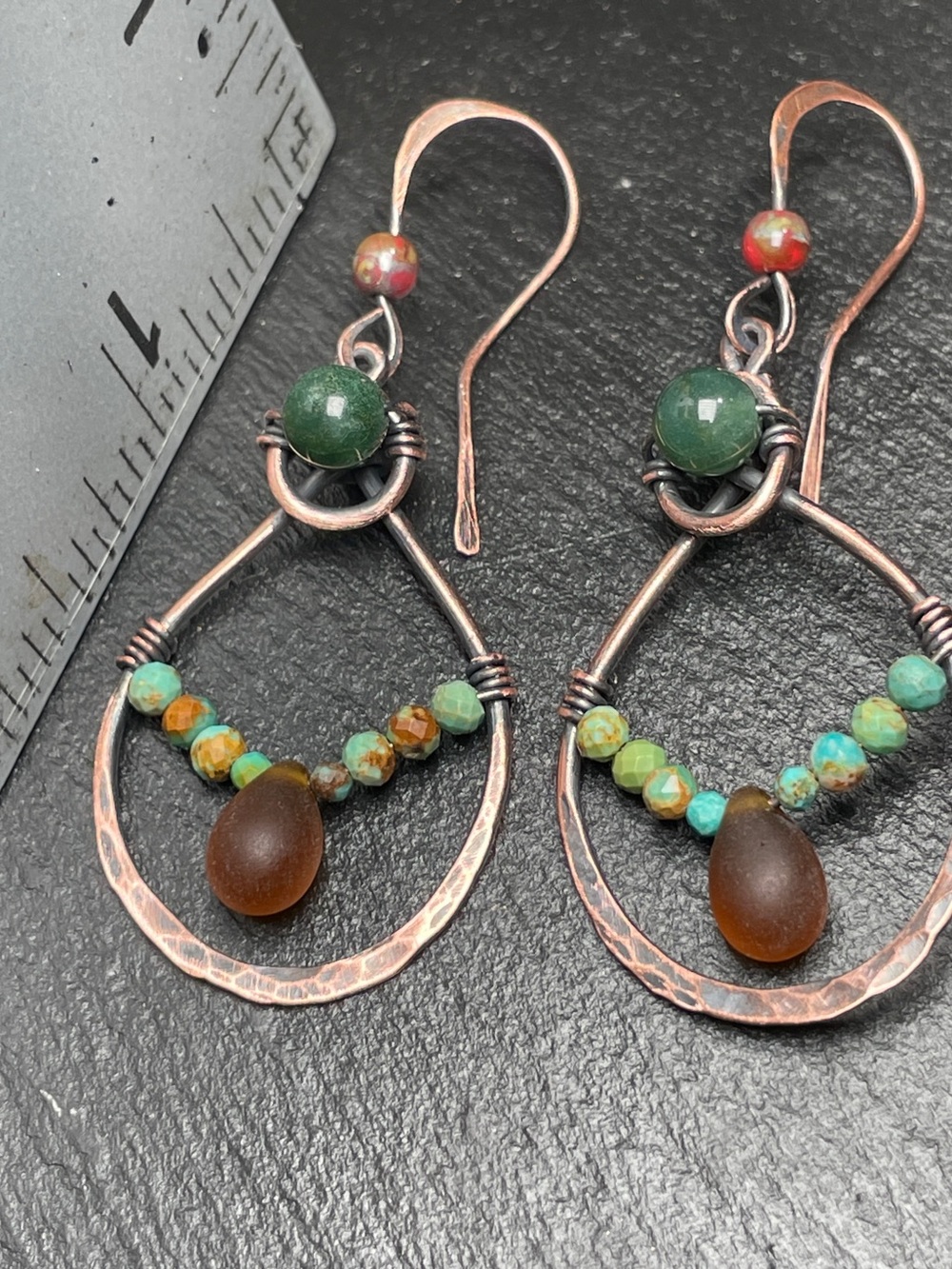 Artisan Made Copper drop Earrings with Moss Agate and Turquoise - Picture 12 of 13